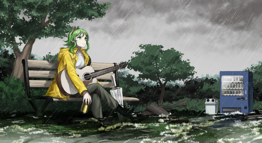 1girl acoustic_guitar bench boots bush can clouds cloudy_sky commentary expressionless flood green_eyes green_hair grey_sky guitar gumi hbsprout highres holding holding_can instrument looking_up outdoors pants park rain raincoat shirt short_hair short_hair_with_long_locks sidelocks sitting sitting_on_bench sky transparent transparent_umbrella trash_can tree umbrella vending_machine vocaloid white_shirt wide_shot yellow_coat