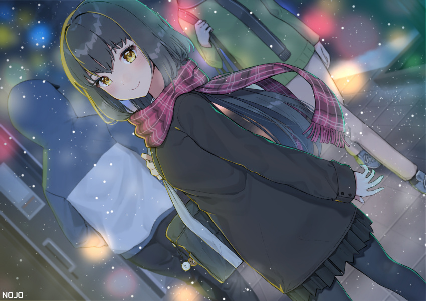 1girl 9nojo artist_name black_hair black_jacket black_legwear black_scarf black_skirt blush commentary_request eyebrows_visible_through_hair from_side green_sweater highres hood hood_up hoodie jacket long_hair long_sleeves multicolored multicolored_clothes multicolored_scarf original pantyhose red_scarf scarf skirt smile snowing solo_focus sweater yellow_eyes