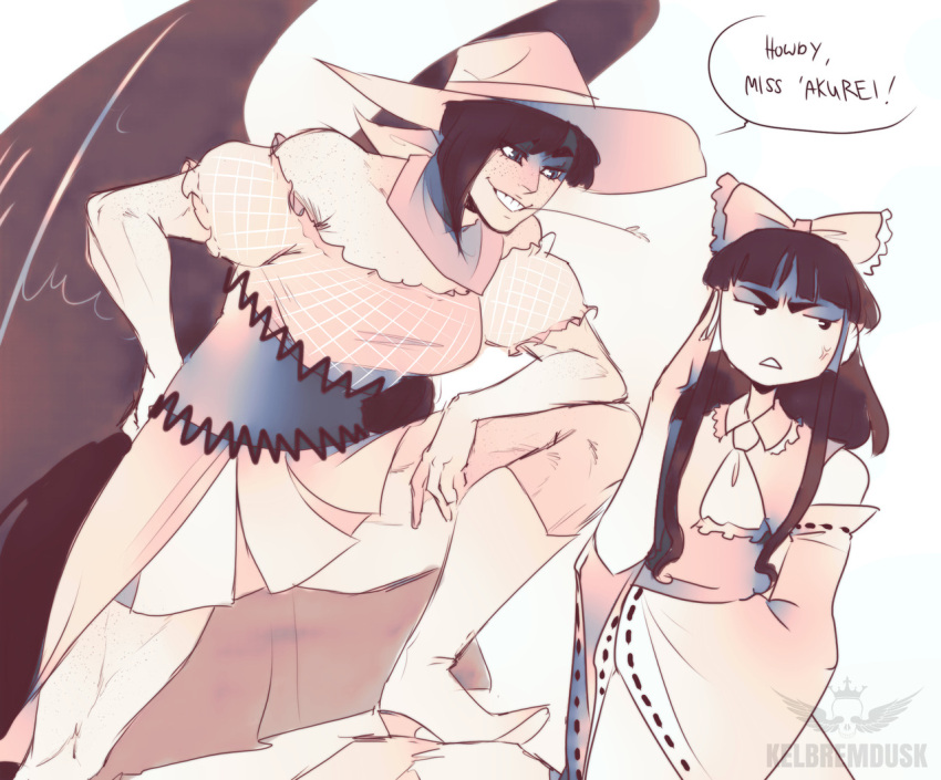 2girls anger_vein annoyed arm_on_knee artist_name ascot bare_shoulders black_hair black_wings boots bow breasts collared_shirt cowboy_hat detached_sleeves dress english_text frills grin hair_bow hair_tubes hakurei_reimu hand_on_own_face hat kelbremdusk kurokoma_saki leaning_forward leg_up long_sideburns looking_at_another looking_away mouth_hold multicolored multicolored_clothes multiple_girls muscle muscular_female nontraditional_miko puffy_short_sleeves puffy_sleeves ribbon_trim scarf shirt short_hair short_sleeves sidelocks smile standing straw_(stalk) touhou watermark wily_beast_and_weakest_creature wings