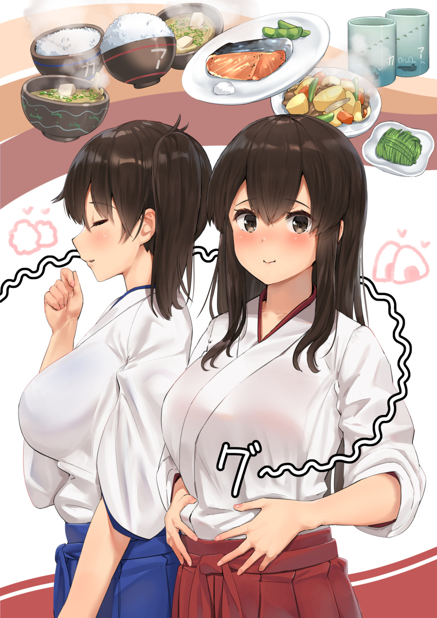 2girls akagi_(kantai_collection) black_hair blue_hakama blush bowl brown_eyes chopsticks closed_eyes commentary_request food glass hakama hakama_skirt hand_to_own_mouth hands_on_own_stomach highres hungry imagining japanese_clothes kaga_(kantai_collection) kantai_collection long_hair multiple_girls red_hakama revision rice rice_bowl salmon side_ponytail simple_background soushou_nin spoken_food stomach_growling straight_hair thought_bubble upper_body white_background