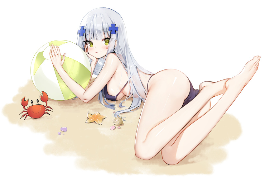 1girl ankkoyom ass ball bangs bare_shoulders beachball bikini blush breasts crab eyebrows_visible_through_hair facial_mark girls_frontline green_eyes hair_ornament highres hk416_(girls_frontline) long_hair looking_at_viewer lying on_stomach purple_bikini silver_hair smile solo starfish swimsuit