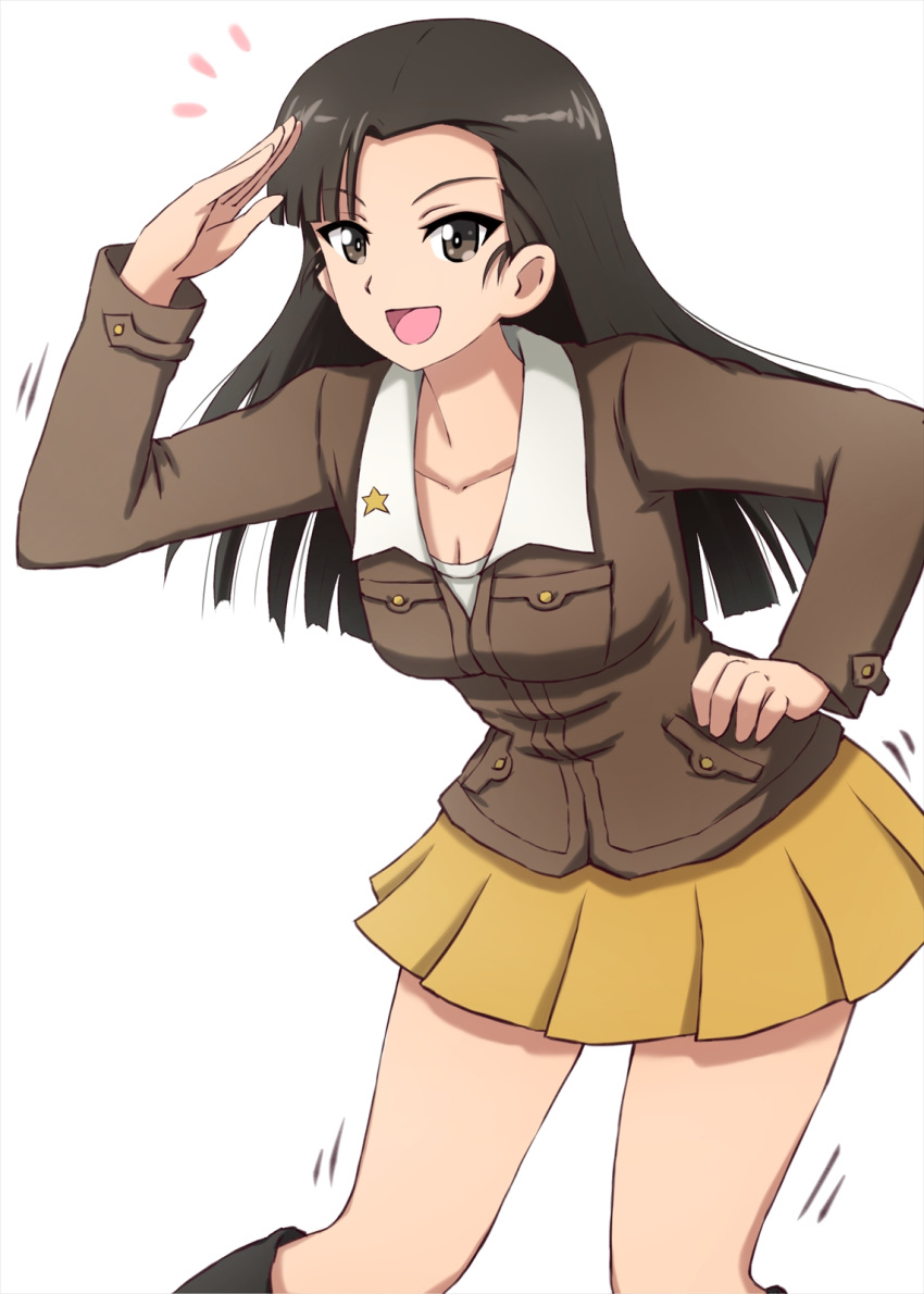 1girl asymmetrical_bangs bangs black_footwear boots brown_eyes brown_hair brown_jacket chi-hatan_military_uniform commentary girls_und_panzer hand_on_hip highres jacket leaning_forward long_hair long_sleeves looking_at_viewer military military_uniform miniskirt motion_lines nishi_kinuyo notice_lines omachi_(slabco) open_mouth pleated_skirt salute shirt simple_background skirt smile solo standing uniform white_background white_shirt yellow_skirt