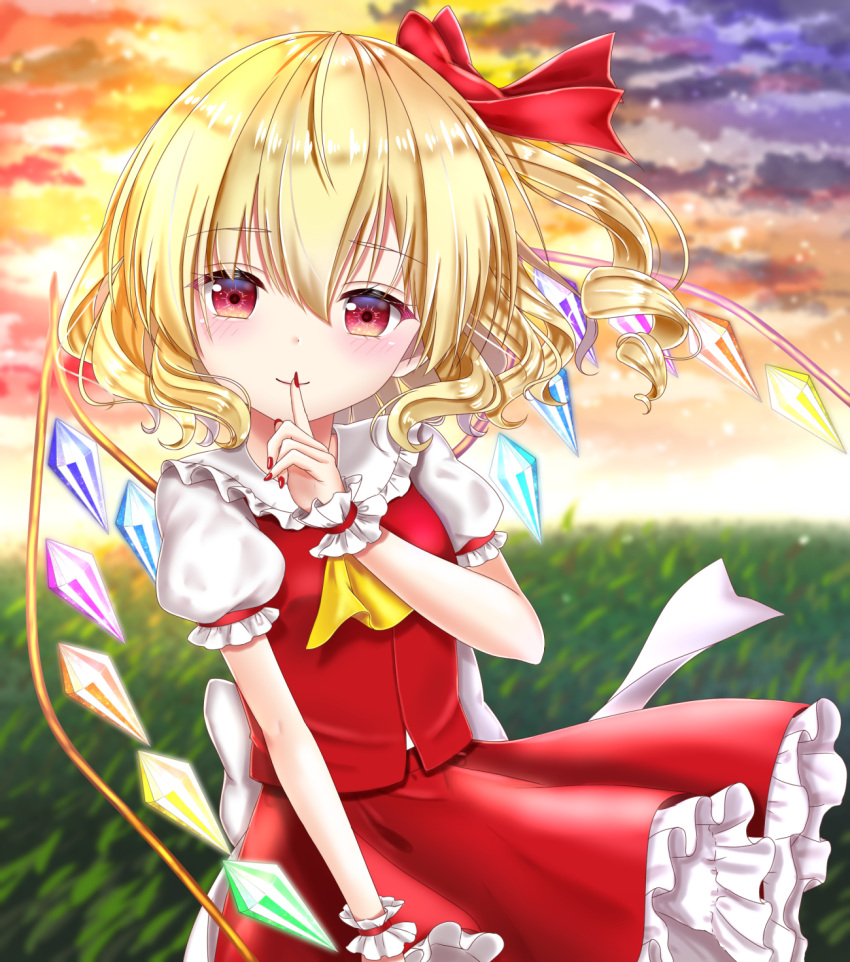 1girl arm_up blonde_hair blurry blush clouds commentary_request contrapposto cravat depth_of_field eyebrows_visible_through_hair finger_to_mouth fingernails flandre_scarlet gradient_sky grass hair_between_eyes hair_blowing hair_ribbon highres looking_at_viewer no_hat no_headwear nyanyanoruru outdoors petticoat puffy_short_sleeves puffy_sleeves red_eyes red_nails red_ribbon red_skirt red_vest ribbon sharp_fingernails shirt short_sleeves side_ponytail skirt sky smile solo standing sunset touhou vest white_shirt wind wind_lift wrist_cuffs yellow_neckwear