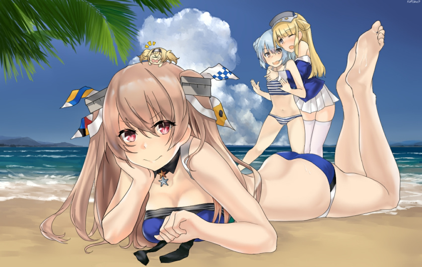 4girls beach bikini blonde_hair blue_bikini blue_eyes blue_hair blue_shirt blue_sky breasts brown_eyes clouds commentary_request day double_bun fletcher_(kantai_collection) gambier_bay_(kantai_collection) horizon hug hug_from_behind johnston_(kantai_collection) kantai_collection kuroinu9 light_brown_hair long_hair looking_at_viewer lying medium_breasts minigirl multiple_girls ocean off_shoulder on_head on_stomach one_eye_closed outdoors person_on_head pleated_skirt sailor_collar samuel_b._roberts_(kantai_collection) school_uniform serafuku shirt short_hair skirt sky striped striped_bikini swimsuit thigh-highs two_side_up white_legwear white_sailor_collar white_skirt yellow_eyes