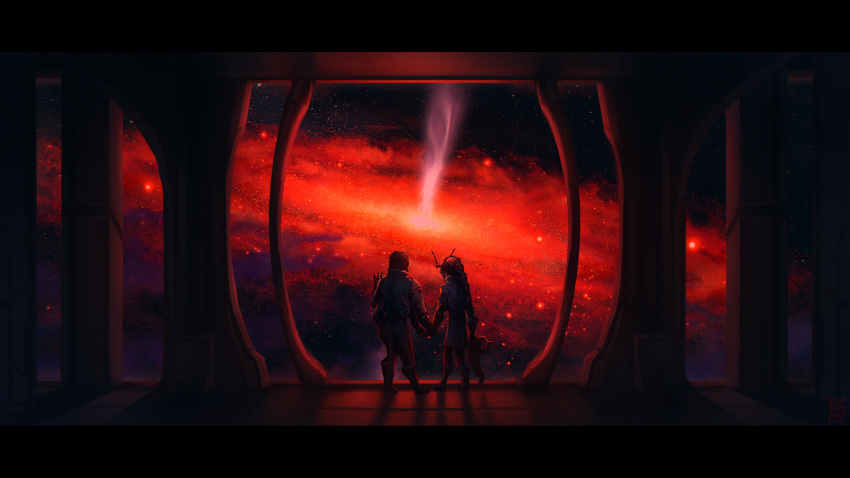 1boy 1girl absurdres alien black_hole child commission facing_away future galaxy highres lasoldatmort looking_away no_humans observation_deck original shadow signature silhouette space space_craft star wallpaper