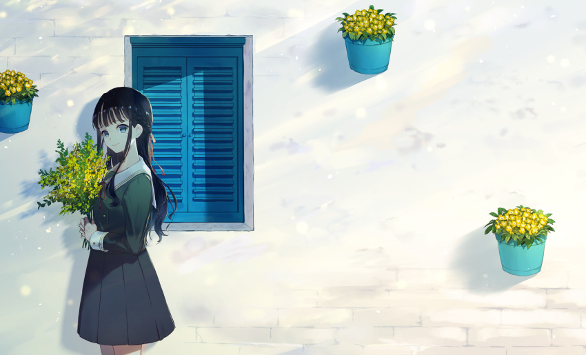 1girl black_hair black_shirt black_skirt blue_eyes braid brick_wall flower holding holding_flower kusaka_kou long_hair long_sleeves looking_at_viewer original plant pleated_skirt potted_plant sailor_collar school_uniform shirt skirt solo standing sunlight white_sailor_collar wide_shot window yellow_flower