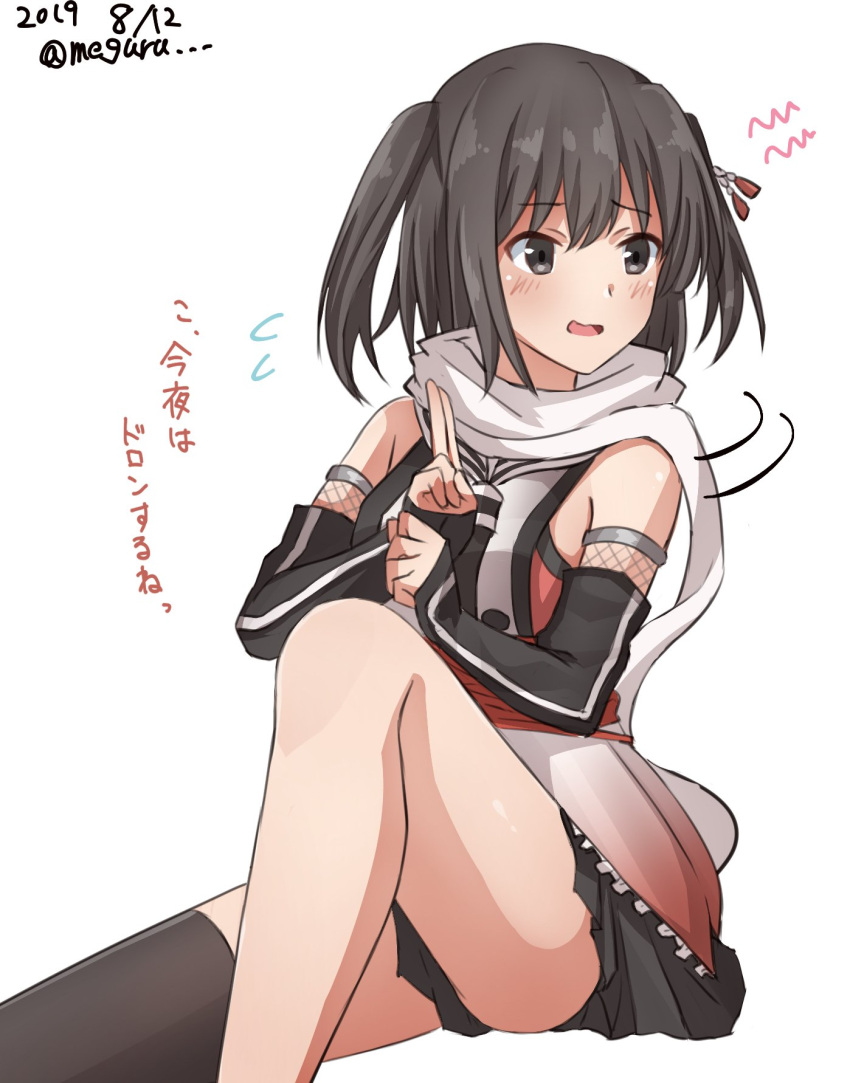 1girl black_gloves black_hair black_neckwear black_skirt brown_eyes commentary_request dated elbow_gloves feet_out_of_frame fingerless_gloves gloves highres kantai_collection looking_to_the_side meguru_(megurunn) neckerchief ninja remodel_(kantai_collection) scarf school_uniform sendai_(kantai_collection) serafuku simple_background single_thighhigh sitting skirt solo thigh-highs twitter_username two_side_up white_background white_scarf