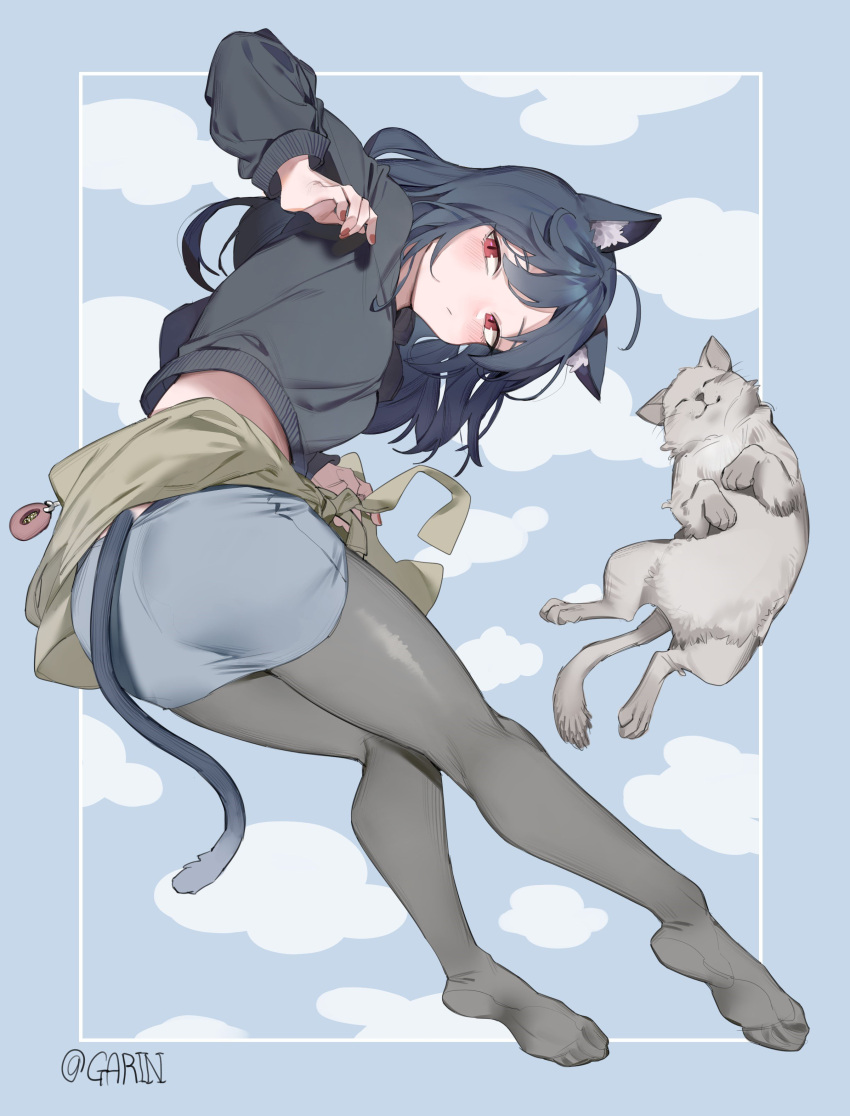 1girl absurdres ahoge animal_ear_fluff animal_ears black_hair black_legwear cat cat_ears cat_girl cat_tail clothes_around_waist garin highres long_sleeves looking_at_viewer no_shoes original pantyhose red_eyes red_nails skirt solo tail twitter_username