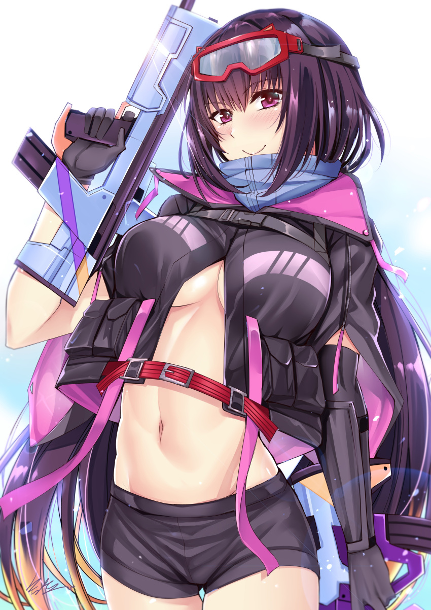 1girl absurdres bangs black_gloves black_hair black_jacket black_shorts blonde_hair blush breasts fate/grand_order fate_(series) gloves goggles goggles_on_head gu_li gun highres jacket large_breasts long_hair looking_at_viewer multicolored_hair navel no_bra open_clothes open_jacket osakabe-hime_(swimsuit_archer)_(fate) red_eyes shorts ski_goggles smile solo twintails two-tone_hair weapon