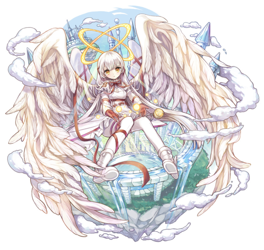 1girl angel angel_wings blush boots castle clouds cloudy_sky commentary_request day double_halo eyebrows_visible_through_hair feathered_wings floating floating_island full_body gloves halo long_hair looking_at_viewer merc_storia michellia neck_ribbon orb pants pillar pure_(cookieby) red_gloves red_ribbon ribbon sky tower very_long_hair water white_hair white_pants white_wings wing_ribbon wings yellow_eyes
