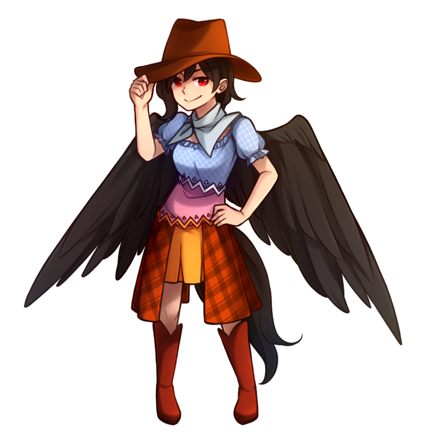 1girl adjusting_clothes adjusting_hat black_hair black_wings blue_shirt boots breasts brown_footwear brown_headwear capelet commentary cowboy_hat english_commentary feathered_wings frills full_body grey_capelet hand_on_hip hand_up hat highres kurokoma_saki looking_at_viewer medium_breasts orange_skirt puffy_short_sleeves puffy_sleeves red_eyes shirt short_hair short_sleeves simple_background skirt smile solo speckticuls standing tail touhou white_background wings