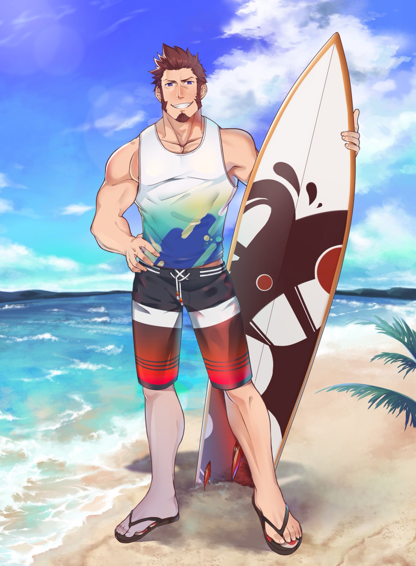 1boy abs bara beard blue_eyes brown_hair chest clouds cloudy_sky facial_hair fate/grand_order fate_(series) full_body hand_on_hip highres icelernd looking_at_viewer male_focus muscle napoleon_bonaparte_(fate/grand_order) nipple_slip nipples ocean pectorals sandals scar shorts sky smile solo surfboard swimsuit tank_top