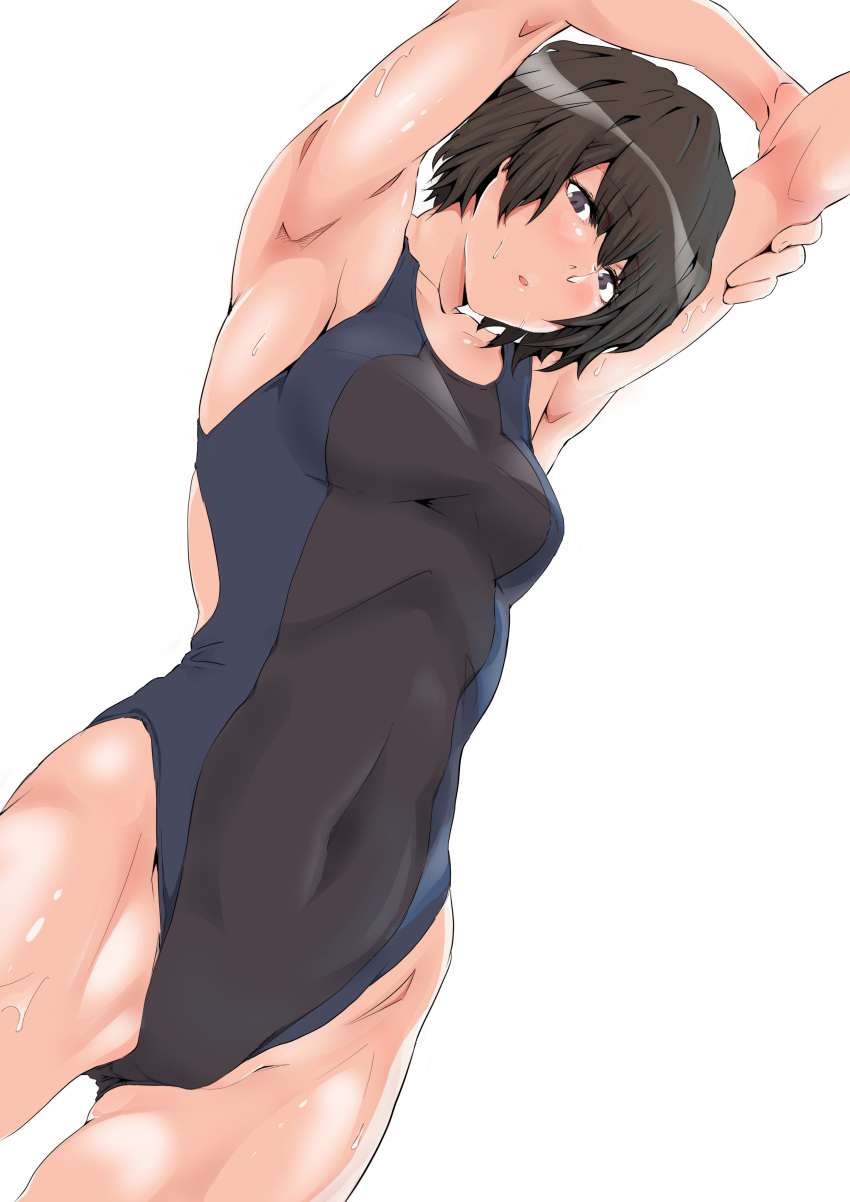 1girl absurdres amagami armpits arms_up ass_visible_through_thighs black_eyes black_hair breasts competition_school_swimsuit covered_navel cowboy_shot dutch_angle groin highres kimuwaipu medium_breasts nanasaki_ai solo stretch swimsuit thighs white_background