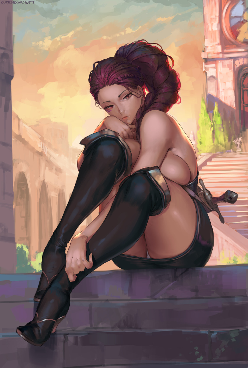 1girl absurdres black_legwear breast_press breasts character_request cutesexyrobutts drill_hair fire_emblem fire_emblem:_three_houses highres huge_filesize large_breasts lips long_hair paid_reward panties patreon_reward purple_hair sitting solo thick_thighs thigh-highs thighs underwear violet_eyes white_panties