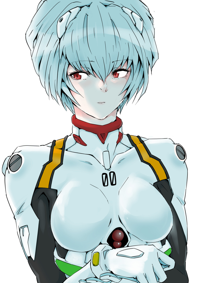 1girl absurdres ayanami_rei blue_hair female_focus gainax hair_between_eyes highres kimuwaipu looking_away neon_genesis_evangelion plugsuit red_eyes short_hair solo upper_body white_background