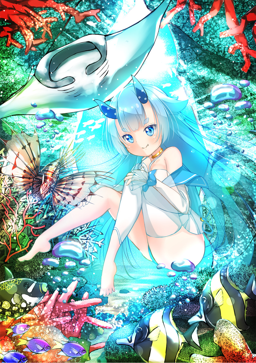 1girl air_bubble asymmetrical_legwear azur_lane bangs bare_shoulders barefoot blue_eyes blue_hair bubble choker closed_mouth coral coral_reef eyebrows_visible_through_hair fang feet fish gold_choker highres horns i-13_(kantai_collection) kaoru-coro long_hair looking_at_viewer manta_ray one-piece_swimsuit see-through_sleeves single_thighhigh smile solo swimsuit thick_eyebrows thigh-highs tropical_fish underwater very_long_hair white_legwear