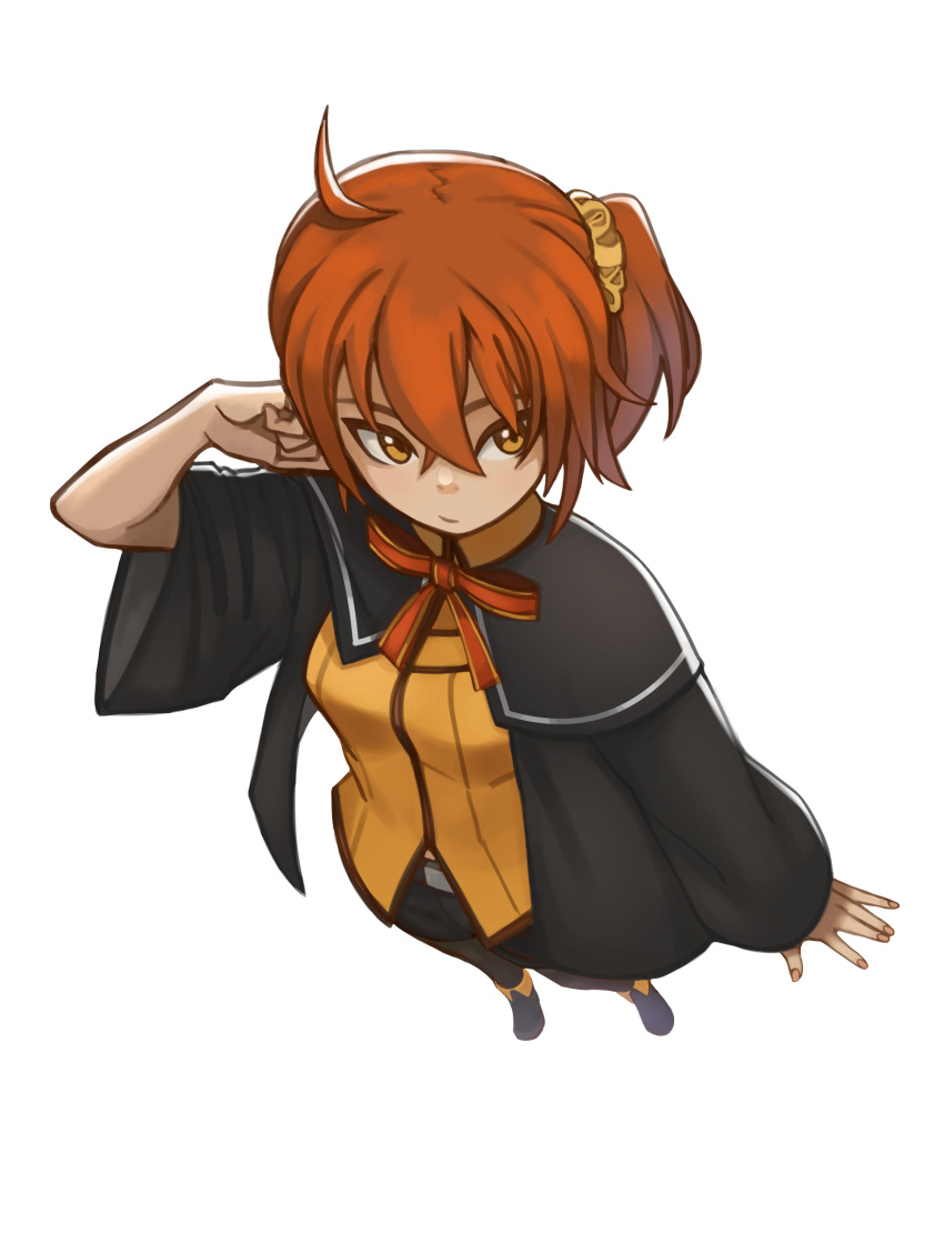 1girl absurdres ahoge black_footwear black_jacket breasts commentary fate/grand_order fate_(series) from_above fujimaru_ritsuka_(female) hair_between_eyes hair_ornament hair_scrunchie highres jacket medium_breasts orange_nails orange_scrunchie punndonothing red_neckwear red_ribbon ribbon scrunchie shoes short_hair side_ponytail simple_background solo white_background