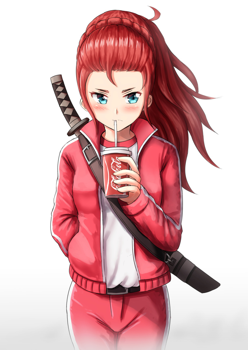 1girl arlly_radithia blue_eyes blush braid closed_mouth cola commentary commission crown_braid cup disposable_cup drinking drinking_straw english_commentary forehead gradient gradient_background grey_background highres holding holding_cup jacket katana long_hair looking_at_viewer original pants red_jacket red_pants redhead sheath sheathed shirt solo sword track_jacket track_pants track_suit v-shaped_eyebrows weapon weapon_on_back white_background white_shirt
