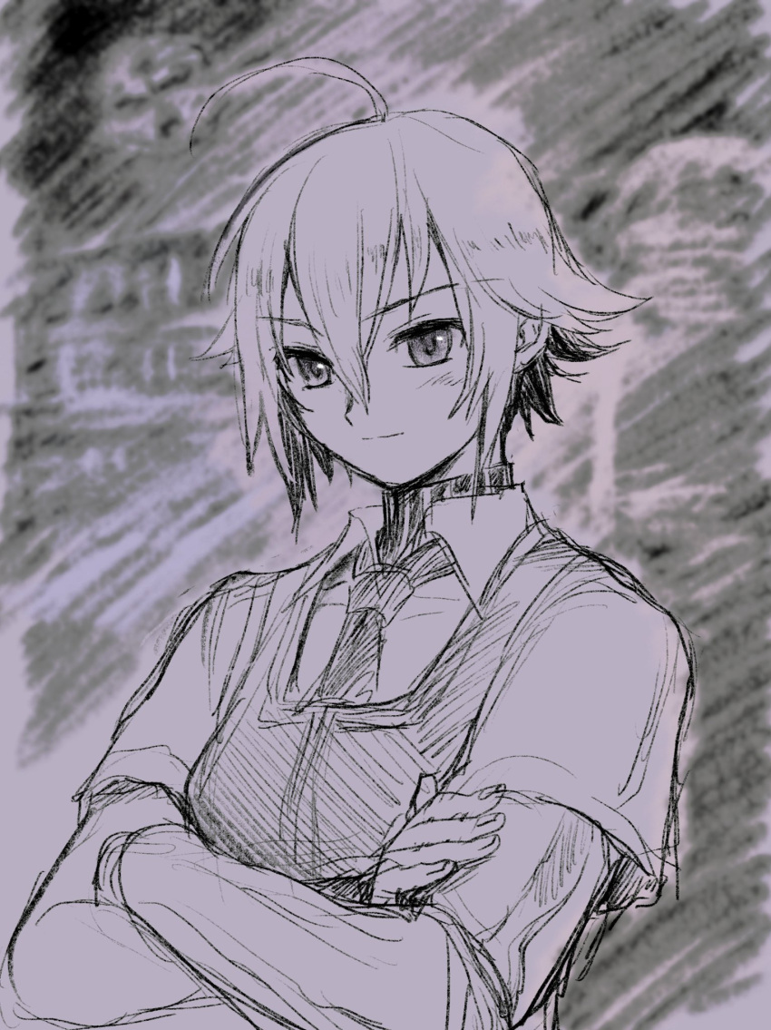 1girl ahoge bar bartender commentary_request crossed_arms dana_zane eyebrows_visible_through_hair highres monochrome mugitarou sketch smile solo va-11_hall-a