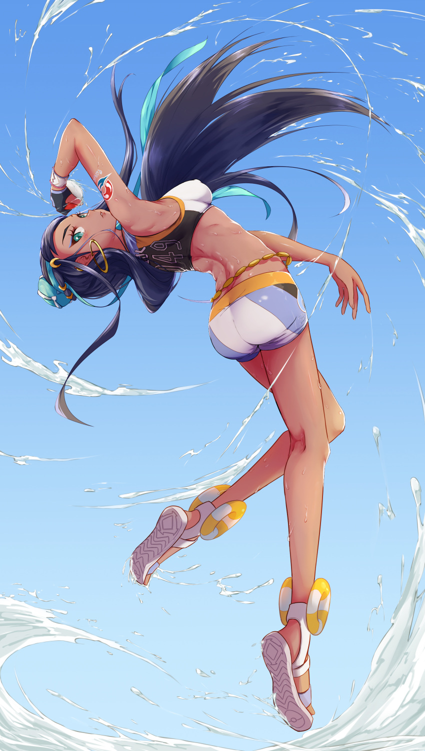 1girl absurdres arashi_asuka armlet ass bikini blue_background blue_hair covered_nipples dark_skin earrings eyeliner eyeshadow full_body gloves gym_leader hair_bun highres holding holding_poke_ball hoop_earrings innertube jewelry looking_at_viewer makeup multicolored_hair necklace parted_lips partly_fingerless_gloves poke_ball poke_ball_(generic) pokemon pokemon_(game) pokemon_swsh print_bikini rurina_(pokemon) single_glove solo splashing sportswear swimsuit tankini two-tone_hair water wet wet_clothes white_footwear