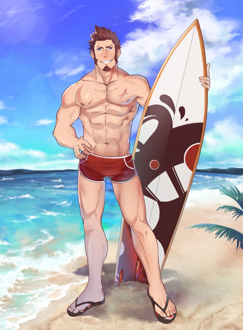 1boy abs bara beard blue_eyes brown_hair chest clouds cloudy_sky facial_hair fate/grand_order fate_(series) full_body highres icelernd looking_at_viewer male_focus muscle napoleon_bonaparte_(fate/grand_order) nipples ocean pectorals sandals scar shorts sky smile solo surfboard swimsuit