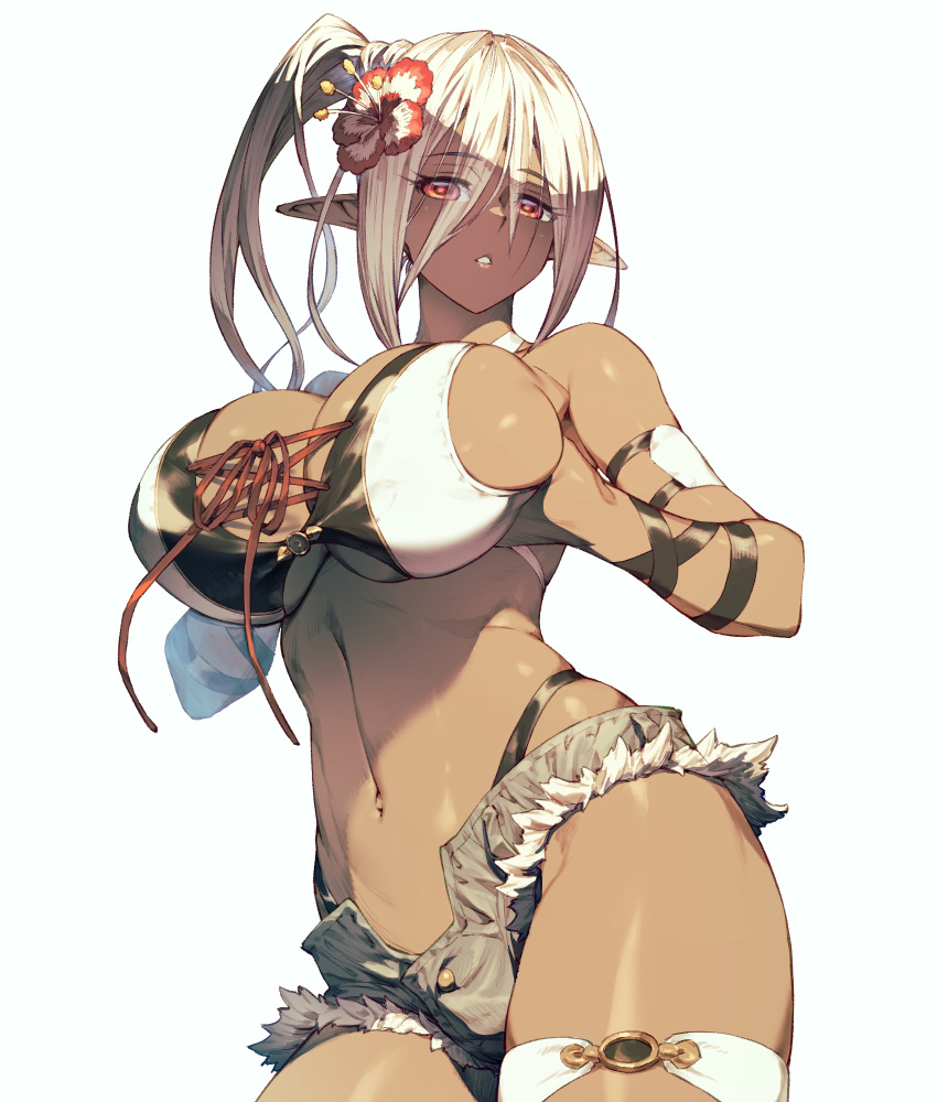 1girl blonde_hair breast_lift breasts commentary_request cozy cutoffs dark_elf dark_skin elf eyebrows_visible_through_hair eyes_visible_through_hair flower hair_flower hair_ornament head_tilt highres large_breasts long_hair looking_at_viewer midriff navel original parted_lips pointy_ears ponytail red_ribbon ribbon short_shorts shorts simple_background solo standing stomach white_background