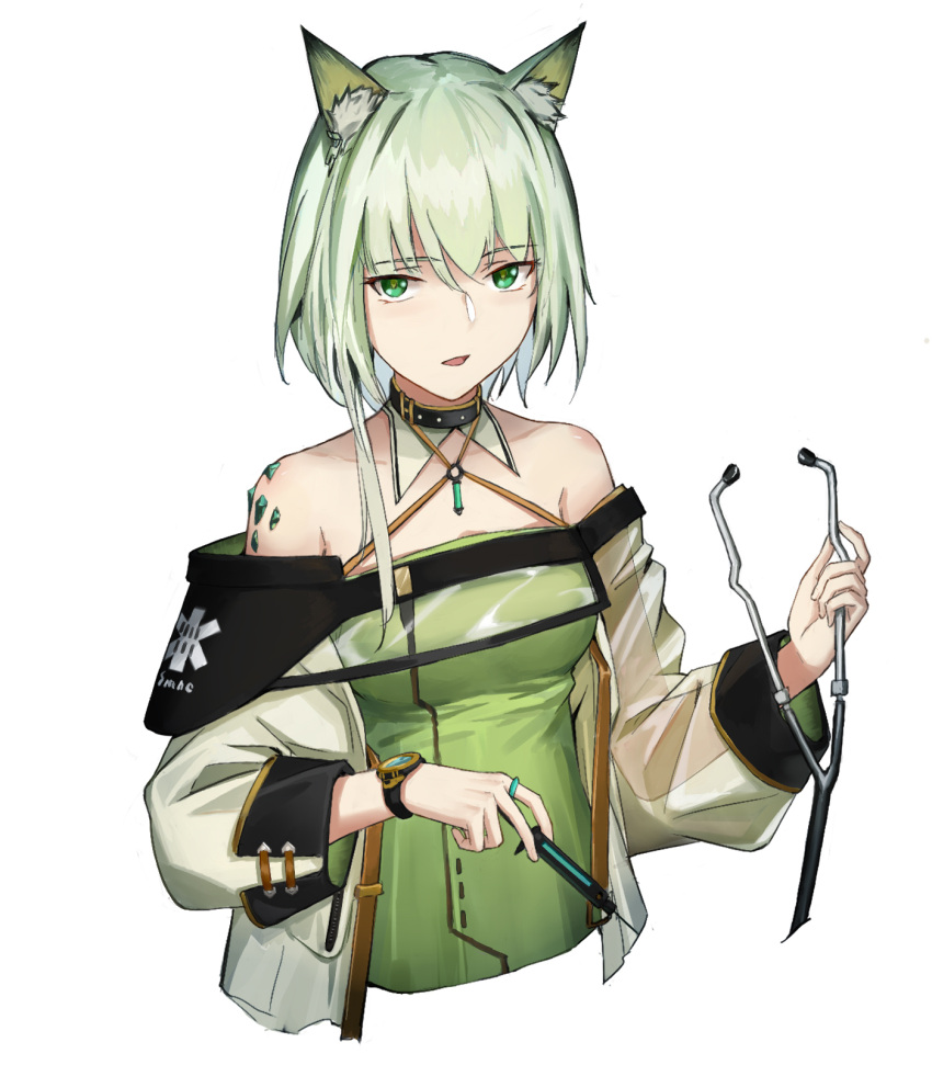 1girl animal_ears arknights bare_shoulders black_choker choker gem green_eyes grey_hair highres jewelry kal'tsit long_sleeves medium_hair ring simple_background solo stethoscope syringe upper_body veolia watch white_background