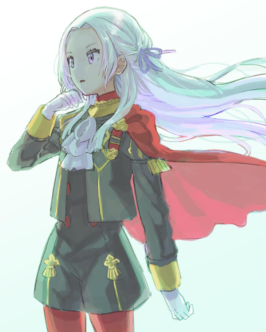 1girl absurdres cape capelet cravat edelgard_von_hresvelg fire_emblem fire_emblem:_three_houses gloves hair_ornament hair_ribbon hand_up highres long_hair open_mouth pantyhose peppedayo_ne red_cape red_legwear ribbon shorts silver_hair simple_background solo uniform very_long_hair violet_eyes white_background white_gloves