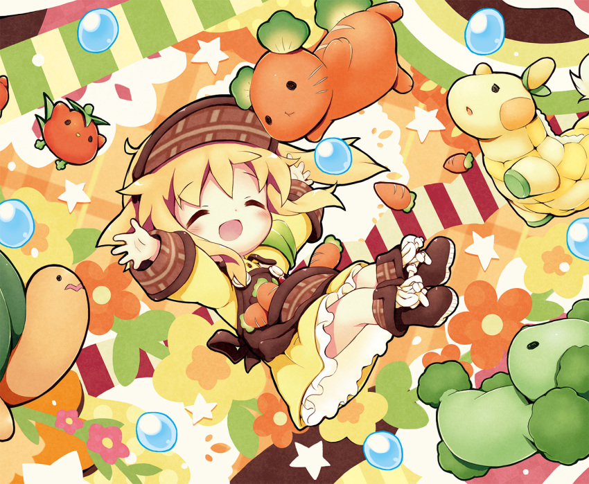 1girl :d ^_^ aikei_ake animal apron bangs bird blonde_hair blush boots broccoli brown_apron brown_footwear brown_headwear carrot chibi closed_eyes commentary_request dog dress eyebrows_visible_through_hair food hat long_sleeves open_mouth original rabbit smile solo star tomato turtleneck vegetable yellow_dress