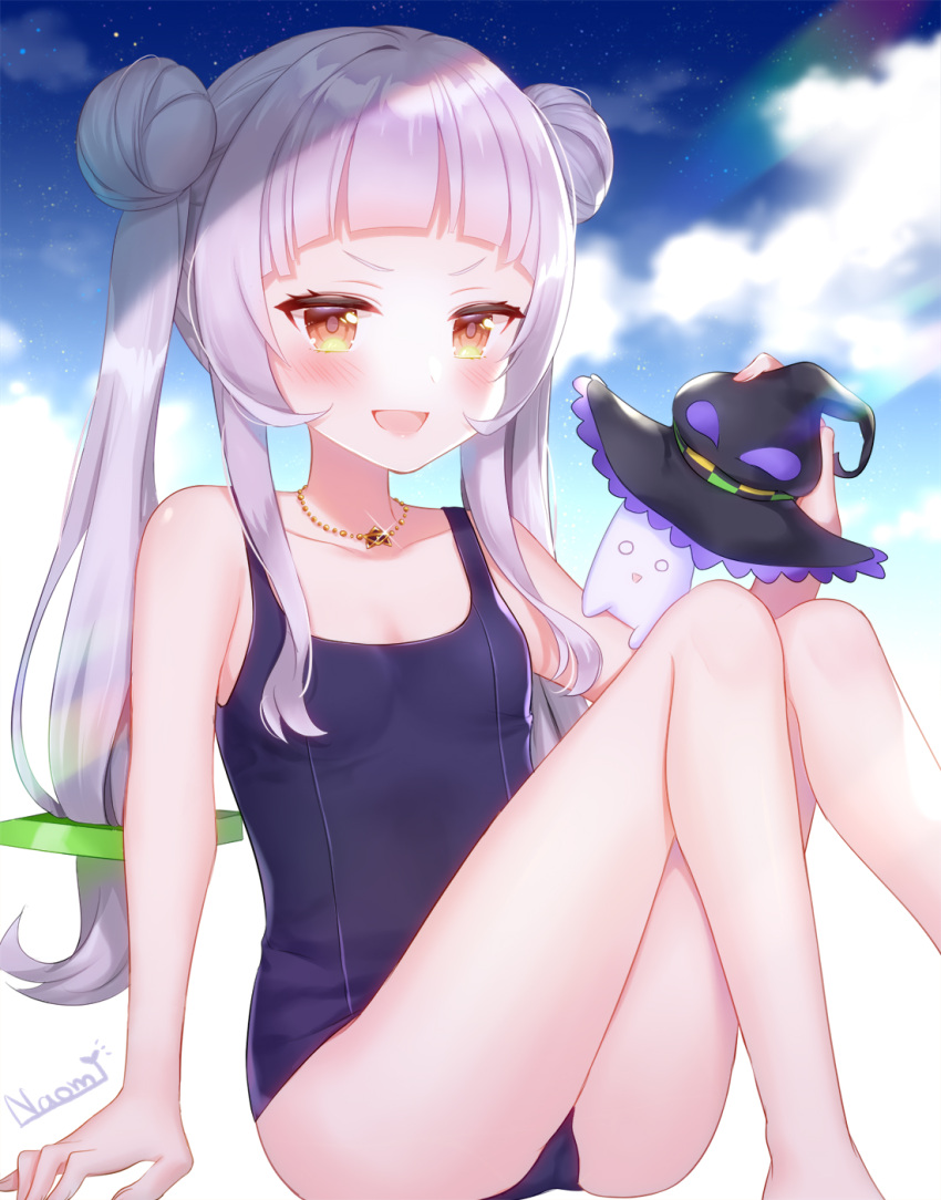 1girl :d artist_name ass bare_arms bare_legs bare_shoulders barefoot black_headwear blue_sky blue_swimsuit blush breasts clouds collarbone day double_bun glint hair_bun hat highres holding hololive jewelry knees_up long_hair looking_at_viewer murasaki_shion naomi_(fantasia) necklace one-piece_swimsuit open_mouth orange_eyes school_swimsuit silver_hair sky small_breasts smile solo swimsuit thighs twintails v-shaped_eyebrows virtual_youtuber witch_hat