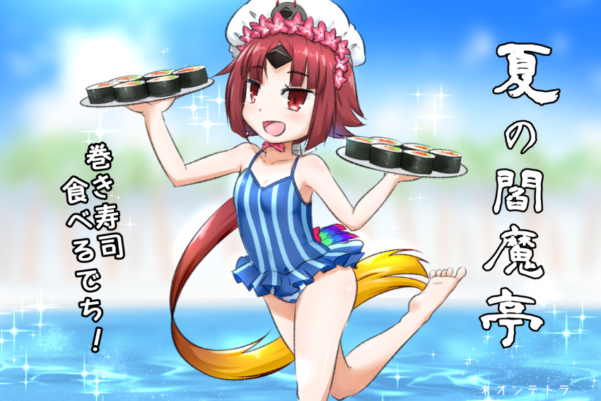 1girl :d bangs bare_arms bare_legs bare_shoulders barefoot benienma_(fate/grand_order) blonde_hair blue_swimsuit blurry blurry_background blush breasts brown_eyes brown_hair casual_one-piece_swimsuit collarbone commentary_request day depth_of_field eyebrows_visible_through_hair fate/grand_order fate_(series) flower food frilled_swimsuit frills gradient_hair hair_flower hair_ornament hands_up highres holding holding_plate long_hair looking_away low_ponytail makizushi multicolored_hair neon-tetora one-piece_swimsuit open_mouth outdoors parted_bangs pink_flower plate polka_dot polka_dot_swimsuit ponytail small_breasts smile soles solo standing standing_on_one_leg striped sushi swimsuit translation_request vertical-striped_swimsuit vertical_stripes very_long_hair water white_headwear