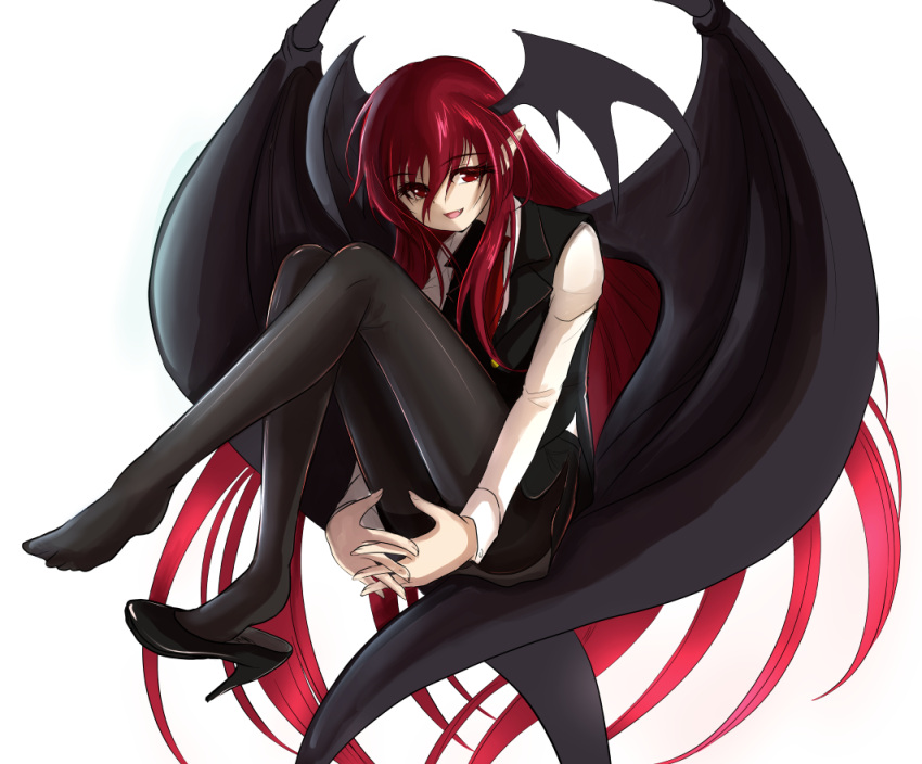 1girl :d bat_wings black_legwear colored_eyelashes commentary_request dress_shirt eyebrows_visible_through_hair eyelashes fang full_body head_wings high_heels interlocked_fingers invisible_chair koakuma large_wings long_hair long_sleeves looking_at_viewer namiki_(remiter00) necktie open_mouth pantyhose pointy_ears red_eyes red_neckwear redhead shirt shoe_dangle shoes simple_background single_shoe sitting skirt skirt_set smile solo thighband_pantyhose touhou very_long_hair vest white_background white_shirt wings