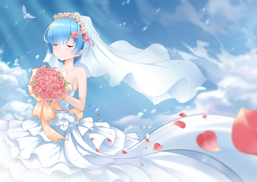 1girl bare_arms bare_shoulders blue_hair bridal_veil bride closed_eyes clouds collarbone commentary_request day dress flower frills hair_flower hair_ornament highres leaf long_dress outdoors pink_flower pink_rose re:zero_kara_hajimeru_isekai_seikatsu rem_(re:zero) rose short_hair sleeveless sleeveless_dress strapless strapless_dress veil wedding_dress zoneky