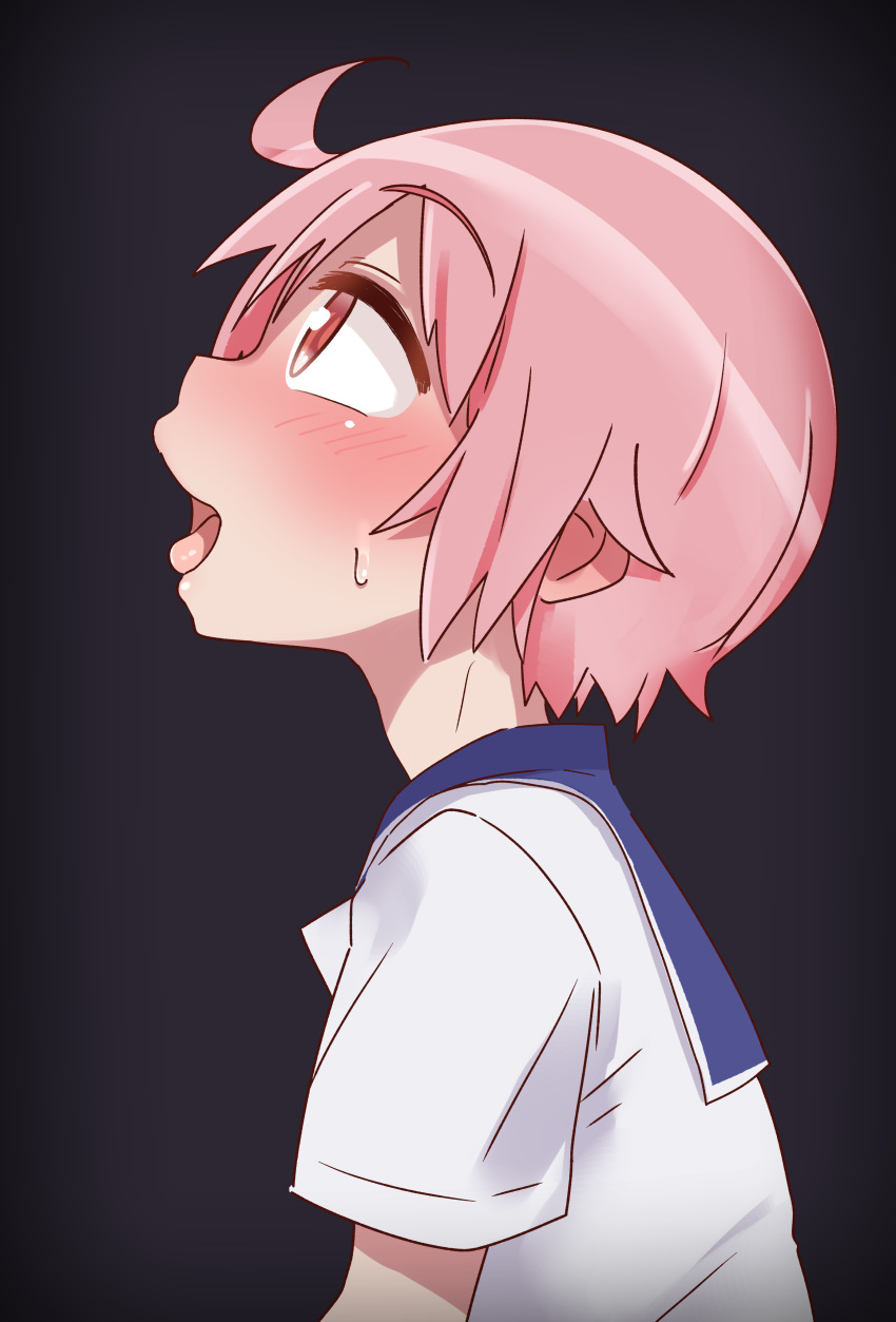 1girl absurdres ahoge black_background blush chiden eyebrows_visible_through_hair from_side gradient gradient_background highres looking_up nonohara_yuzuko open_mouth pink_eyes pink_hair school_uniform shiny shiny_hair shiny_skin shirt short_hair short_sleeves simple_background smile solo tongue tongue_out white_shirt yuyushiki