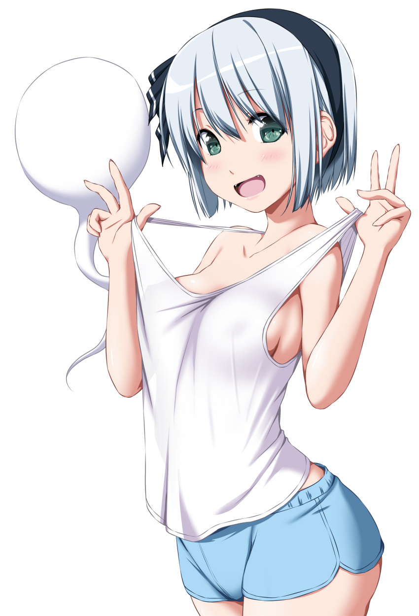 1girl :d bangs bare_arms bare_shoulders black_hairband black_ribbon blue_shorts blush breasts commentary_request cowboy_shot eyebrows_visible_through_hair fangs green_eyes hair_between_eyes hair_ribbon hairband hands_up highres hitodama konpaku_youmu konpaku_youmu_(ghost) looking_at_viewer medium_breasts nori_tamago open_mouth pulled_by_self ribbon short_hair short_shorts shorts sidelocks silver_hair simple_background smile solo standing strap_pull tank_top touhou white_background white_tank_top