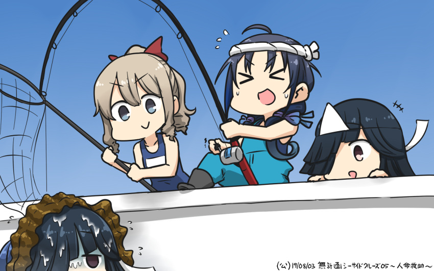 &gt;_&lt; 4girls black_hair blue_eyes blue_hair blue_sky brown_eyes commentary_request dated drill_hair dual_persona fishing_net fishing_rod ghost gradient_sky hair_between_eyes hair_ornament hair_over_one_eye hair_ribbon hamu_koutarou hatakaze_(kantai_collection) hayashimo_(kantai_collection) headband highres kantai_collection light_brown_hair long_hair low_twintails multiple_girls name_tag ponytail red_ribbon ribbon school_swimsuit seaweed sky smile suzukaze_(kantai_collection) swimsuit triangular_headpiece twintails very_long_hair