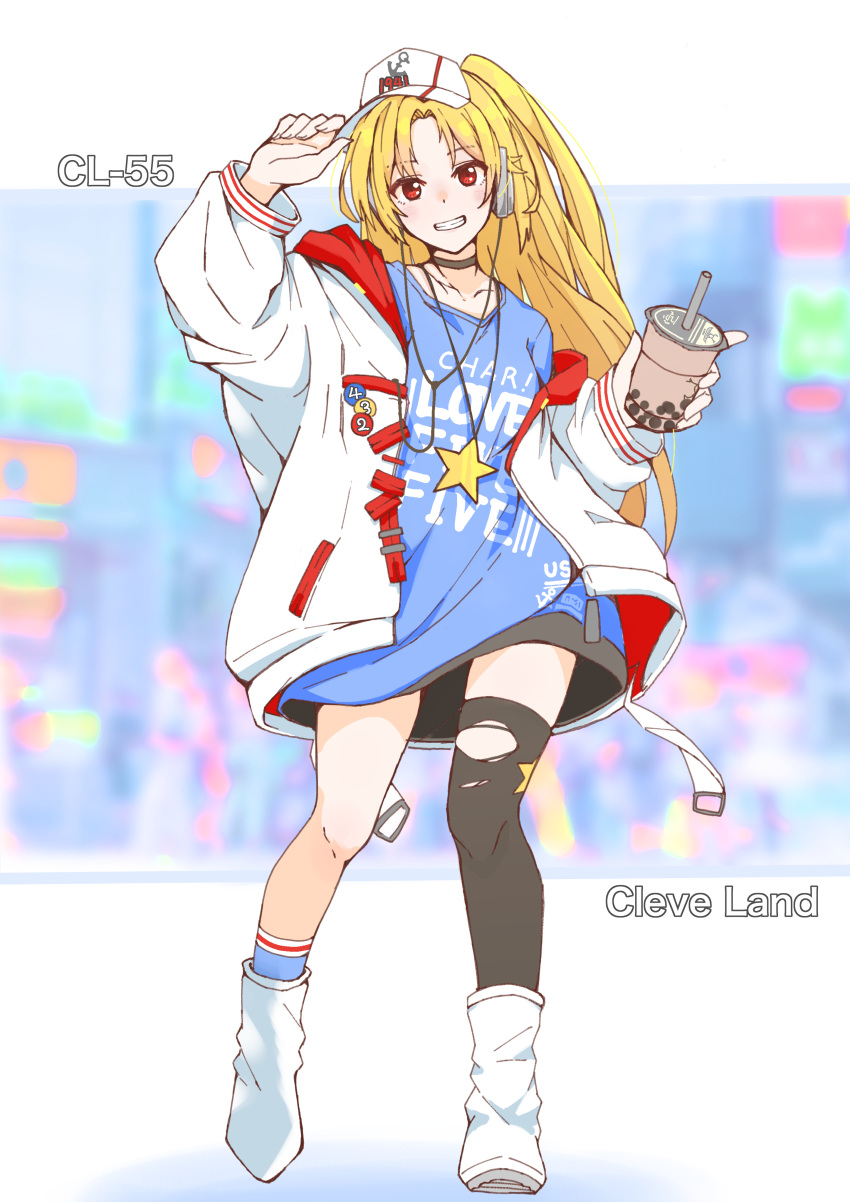 1girl absurdres alternate_costume asymmetrical_legwear azur_lane badge baseball_cap black_choker blonde_hair bottomless bu4321 bubble_tea button_badge character_name choker cleveland_(azur_lane) cleveland_(road_trip!)_(azur_lane) collarbone commentary_request cup disposable_cup drinking_straw full_body grin hat headphones highres holding holding_cup jacket long_hair long_sleeves looking_at_viewer one_side_up red_eyes revision shirt single_sock single_thighhigh smile socks solo standing t-shirt teeth thigh-highs torn_clothes torn_legwear white_footwear white_jacket