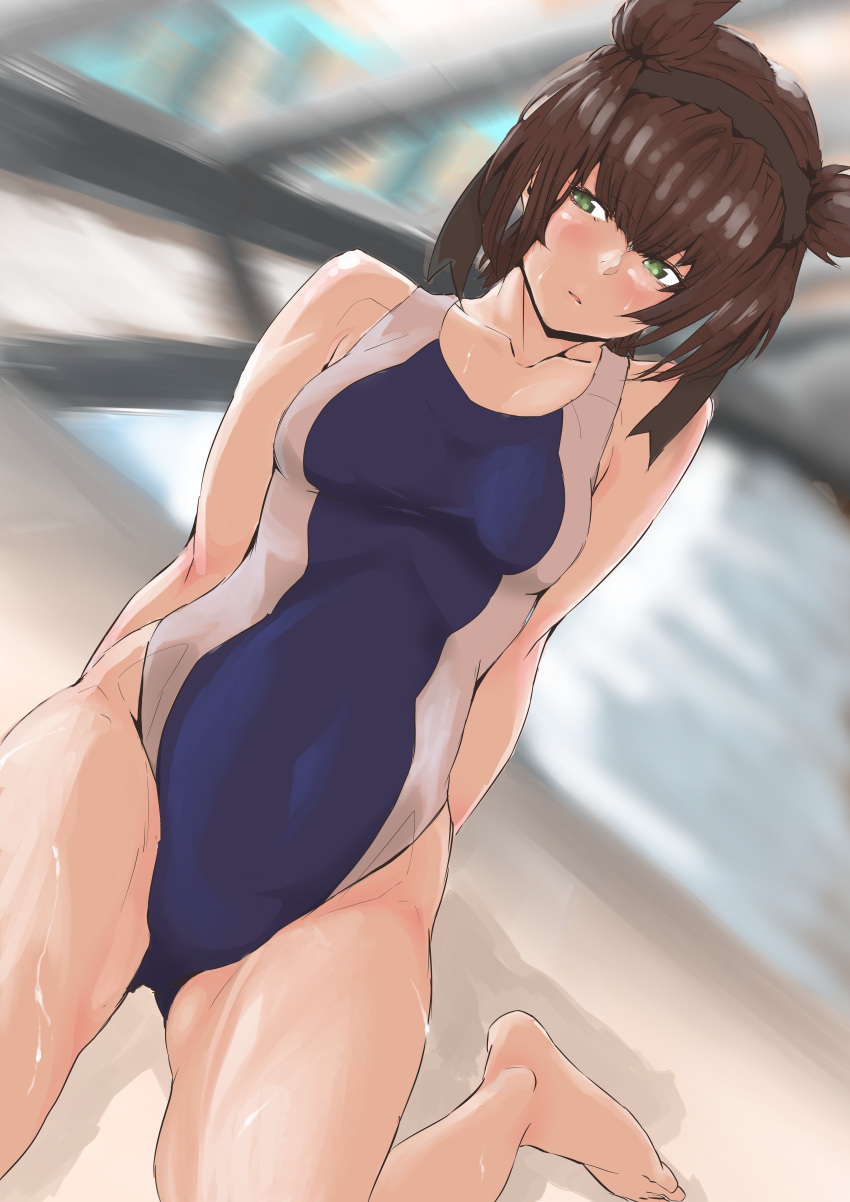 1girl absurdres arm_support blush breasts brown_hair competition_swimsuit dutch_angle green_eyes groin hatsuzuki_(kantai_collection) highres kantai_collection kimuwaipu medium_breasts one-piece_swimsuit rei_no_pool sitting solo swimsuit thighs wet yokozuwari