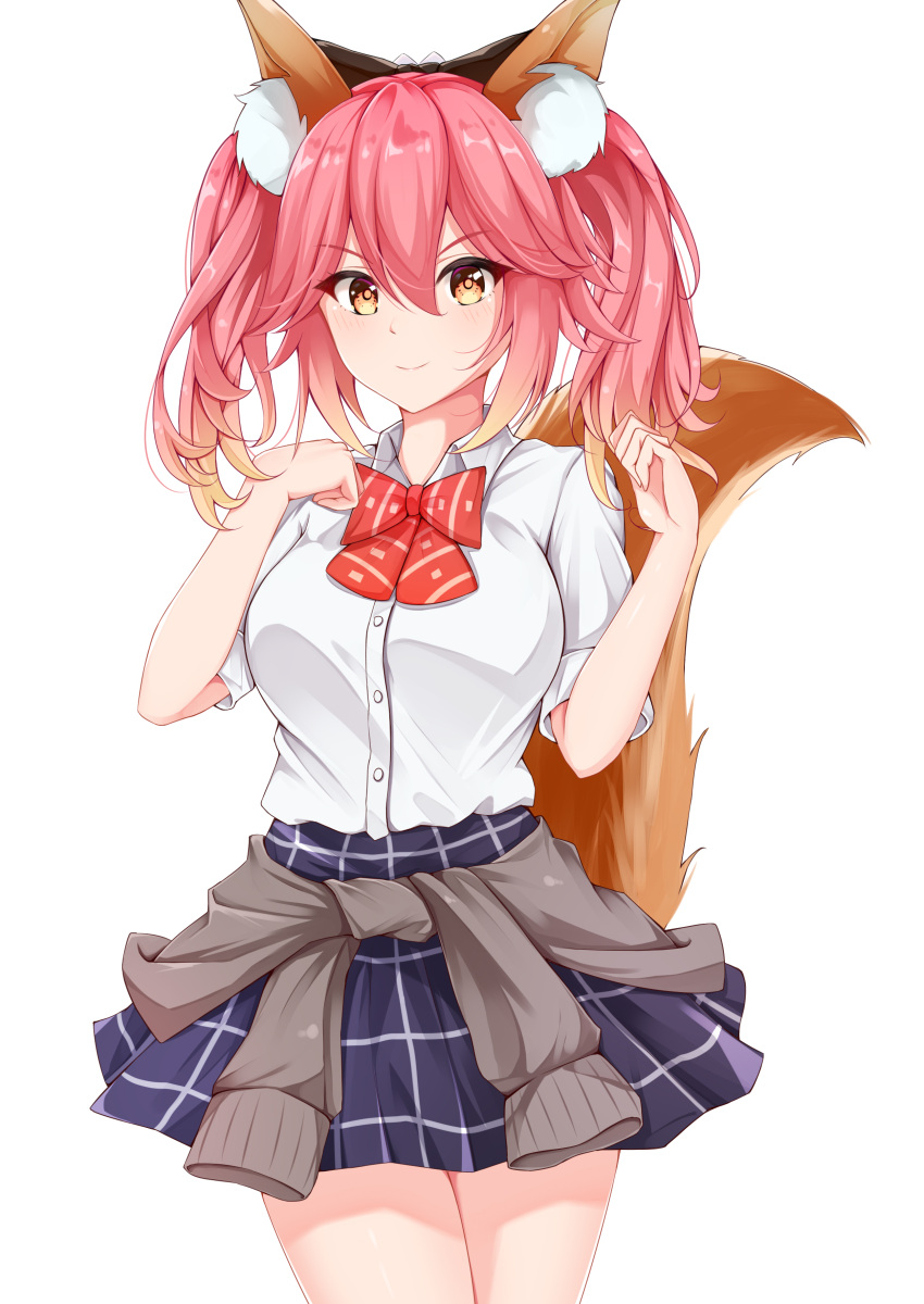 1girl absurdres animal_ear_fluff animal_ears bangs black_skirt blonde_hair blush bow bowtie breasts clothes_around_waist commentary_request cowboy_shot eyebrows_visible_through_hair fate/grand_order fate_(series) fox_ears fox_girl fox_tail hair_between_eyes highres large_breasts long_hair looking_at_viewer multicolored_hair pink_hair red_bow red_neckwear shirt short_sleeves skirt smile solo sweater sweater_around_waist tail tamamo_(fate)_(all) tamamo_no_mae_(fate) tming twintails two-tone_hair white_shirt yellow_eyes