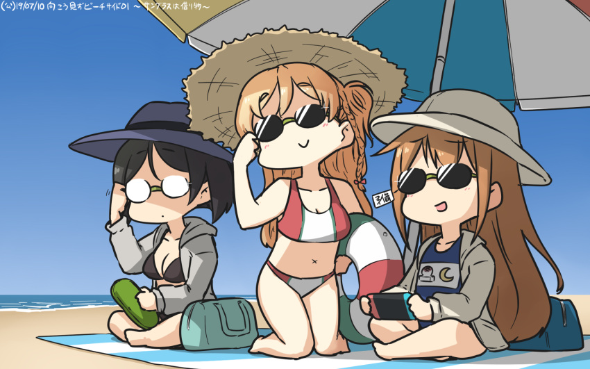 3girls bag beach beach_umbrella bikini black_bikini black_hair blonde_hair blue_sky blue_swimsuit bob_cut braid brown_hair commentary crescent dated french_braid glasses gradient_sky grey_headwear grey_jacket hamu_koutarou hat highres hood hooded_jacket hoodie innertube jacket kantai_collection kirishima_(kantai_collection) long_hair mochizuki_(kantai_collection) multiple_girls nintendo_switch opaque_glasses school_uniform short_hair sky smile sunglasses swimsuit translated two-tone_bikini umbrella wavy_hair x_navel zara_(kantai_collection)