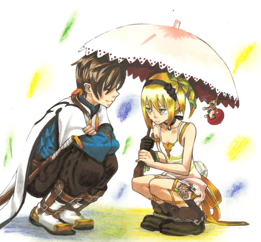 1boy 1girl black_choker blonde_hair blue_eyes boots brown_hair choker claire_roses closed_mouth collarbone commentary_request dress edna_(tales) gloves hair_ribbon hairband highres leg_ribbon marker_(medium) medium_hair ribbon side_ponytail single_glove skirt smile sorey_(tales) tales_of_(series) tales_of_zestiria traditional_media tress_ribbon umbrella white_dress