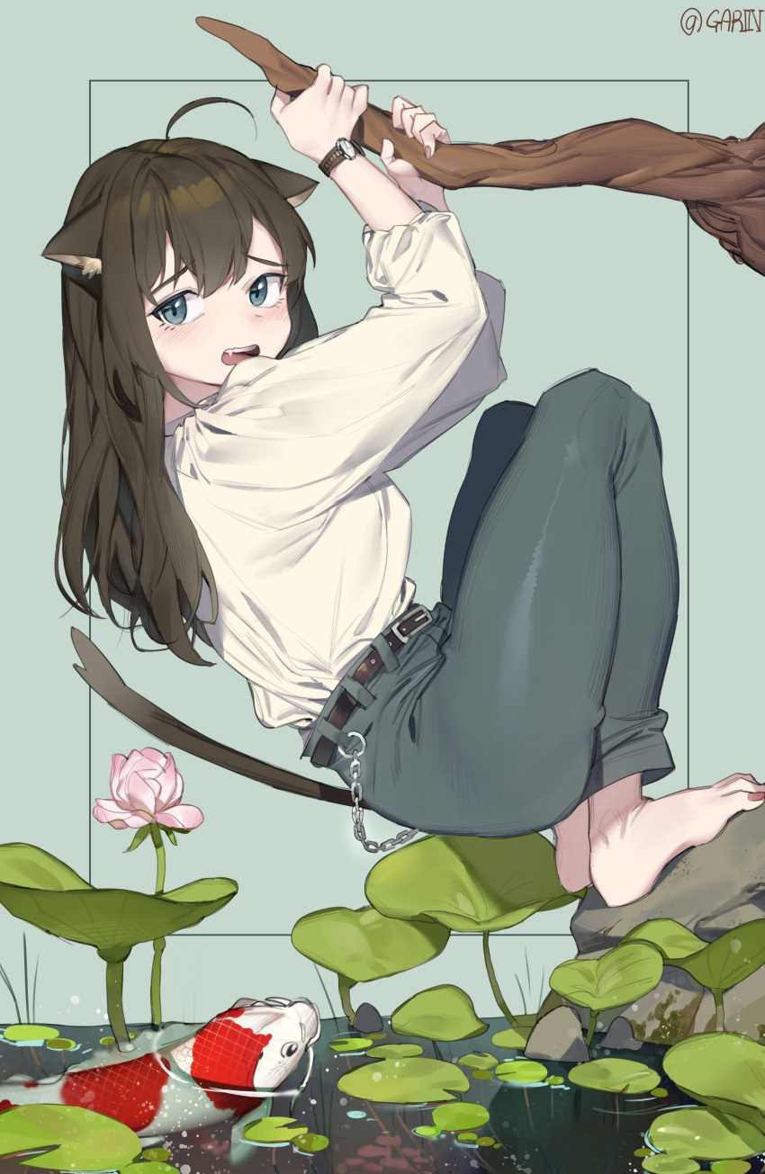 1girl absurdres ahoge animal_ear_fluff animal_ears bangs barefoot belt blue_eyes brown_hair cat_ears cat_girl cat_tail flower garin highres lily_pad long_hair looking_at_viewer open_mouth original pants pond shirt snake solo tail teeth twitter_username watch watch water white_shirt