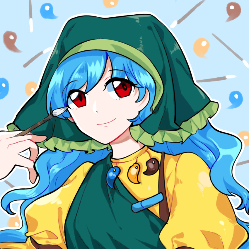 blue_hair eyebrows_visible_through_hair eyes_visible_through_hair haniyasushin_keiki headdress highres mindoll paintbrush red_eyes smile touhou wily_beast_and_weakest_creature