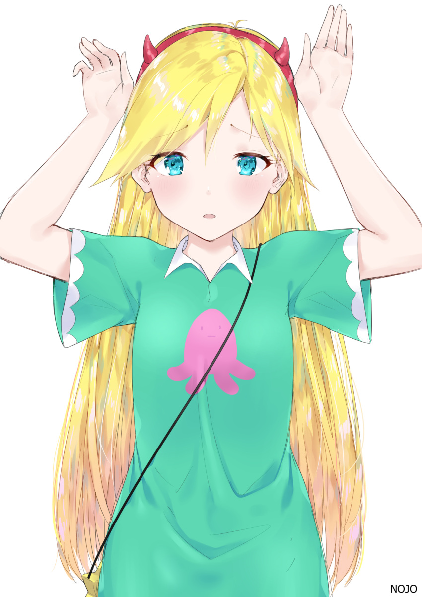 1girl 9nojo :o blonde_hair blue_eyes blush breasts commentary_request dress eyebrows_visible_through_hair green_dress hairband hands_up highres horned_headwear horns long_hair looking_at_viewer sad short_sleeves simple_background smile solo star_butterfly star_vs_the_forces_of_evil white_background