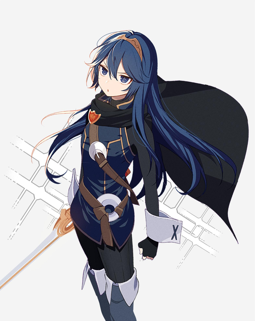 1girl angry belt black_cape blue_eyes blue_footwear blue_hair bodysuit boots buckle cape cape_billowing commentary falchion_(fire_emblem) fingerless_gloves fire_emblem fire_emblem:_kakusei fire_emblem_awakening gloves gold_trim grey_background hair_between_eyes hair_spread_out highres holding holding_sword holding_weapon intelligent_systems lens_flare long_hair looking_at_viewer lucina lucina_(fire_emblem) moe nintendo open_mouth princess ryon_(ryonhei) simple_background sleeve_cuffs solo super_smash_bros. sword symbol-shaped_pupils thigh-highs thigh_boots tiara tsundere turtleneck v-shaped_eyebrows weapon