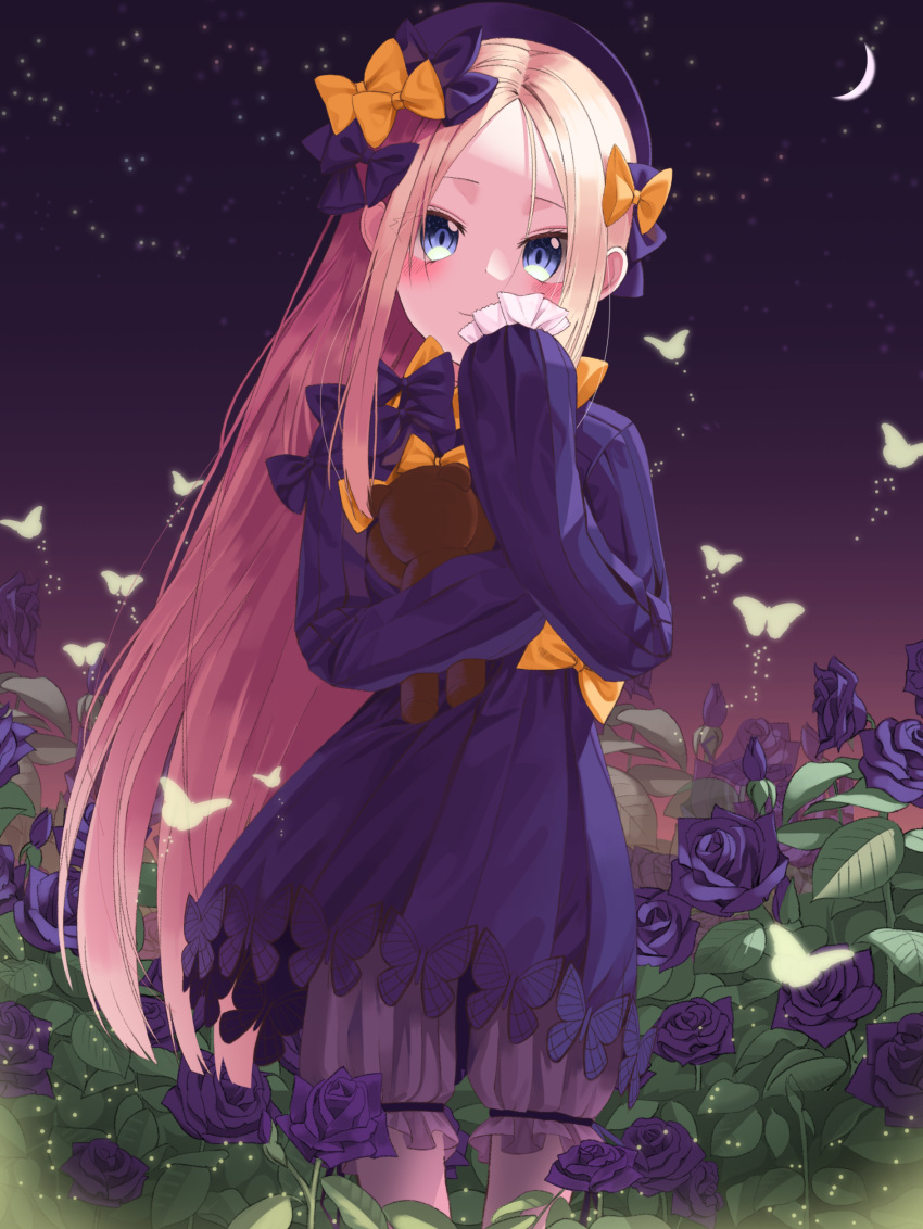 1girl abigail_williams_(fate/grand_order) absurdres bangs black_bow black_dress black_headwear blonde_hair blue_eyes blush bow bug butterfly closed_mouth crescent_moon dress fate/grand_order fate_(series) field flower flower_field forehead hat highres holding holding_stuffed_animal insect long_hair long_sleeves looking_at_viewer moon night night_sky orange_bow parted_bangs re-leaf ribbed_dress rose sky sleeves_past_fingers sleeves_past_wrists smile solo star_(sky) starry_sky stuffed_animal stuffed_toy teddy_bear white_bloomers