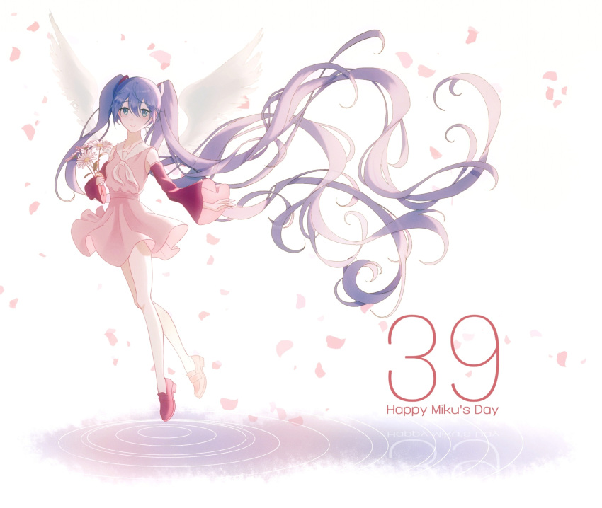 1girl 39 absurdly_long_hair aqua_eyes blue_hair collar collared_dress commentary daisy detached_sleeves dress feathered_wings flower hair_ornament hatsune_miku highres holding holding_flower long_hair looking_at_viewer mary_janes neckerchief number_pun osagelts1213 petals pink_dress pink_sleeves ripples sash shoes solo thigh-highs twintails very_long_hair vocaloid white_background white_collar wide_shot wide_sleeves wings