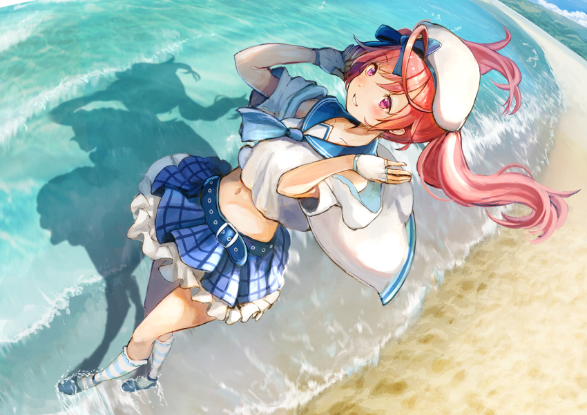 1girl ascot azur_lane beach belt beret blue_sailor_collar blue_skirt collarbone commentary_request crop_top day fingerless_gloves fisheye floating_hair gloves grin hands_up hat hood hood_down jacket kneehighs long_hair looking_at_viewer mary_janes midriff miniskirt navel ocean open_clothes open_jacket outdoors pink_hair plaid sailor_collar saratoga_(azur_lane) saratoga_(superstar_of_the_blue_seas)_(azur_lane) school_uniform serafuku shadow shirt shoes sidelocks skirt sleeveless sleeveless_shirt smile solo standing striped striped_legwear twintails violet_eyes wading water white_gloves white_headwear white_jacket white_shirt yu_ni_t