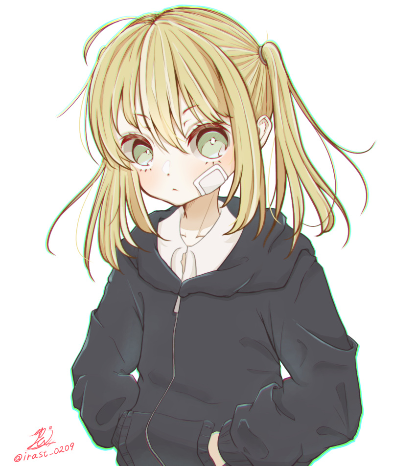 1girl :&lt; ahoge bandage_on_face black_hoodie blonde_hair chromatic_aberration closed_mouth commentary eyebrows_visible_through_hair green_eyes hair_between_eyes hands_in_pockets head_tilt highres hood hoodie joshi_kousei_no_mudazukai looking_at_viewer signature simple_background twintails twitter_username upper_body v-shaped_eyebrows white_background yamamoto_minami yuu_(irast0209)
