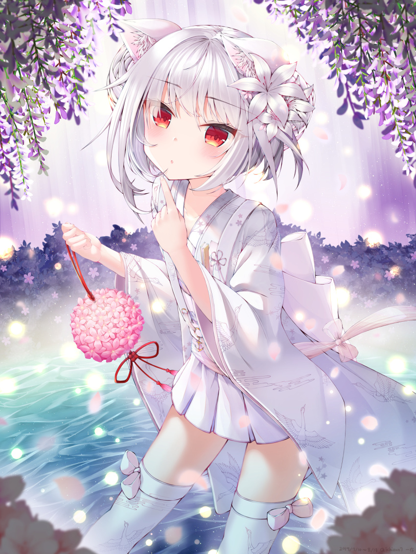 1girl absurdres animal_ear_fluff animal_ears azur_lane bangs blush bride cat_ears commentary_request dress eyebrows_visible_through_hair falling_petals finger_to_mouth flower hair_flower hair_ornament highres ichizon japanese_clothes kimono leaning_forward long_sleeves obi patterned_clothing pleated_skirt pond red_eyes sash short_hair sidelocks skirt solo standing thigh-highs wading water wedding_dress white_hair white_kimono white_legwear wide_sleeves yukikaze_(azur_lane) yukikaze_(spring's_warmth)_(azur_lane)